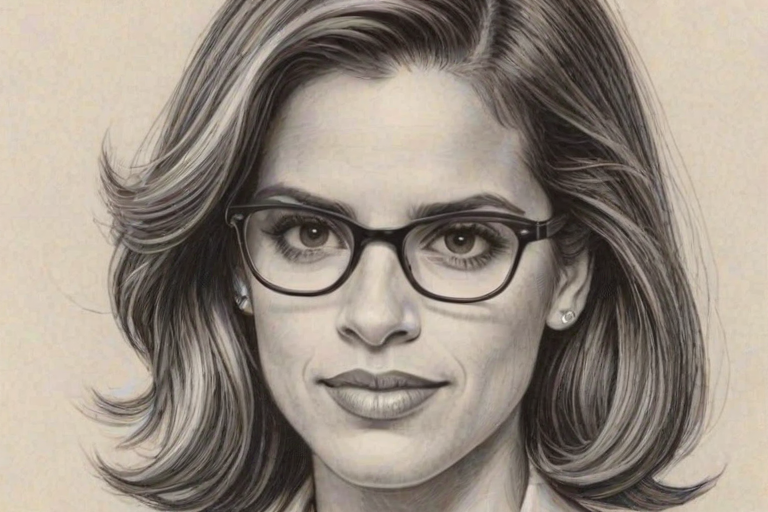 Fascinating Natalie Morales, pencil sketch, portrait of Splendid woman 1937s in glasses, hair style beatnik, outline, clear lines, fine lines, 8k