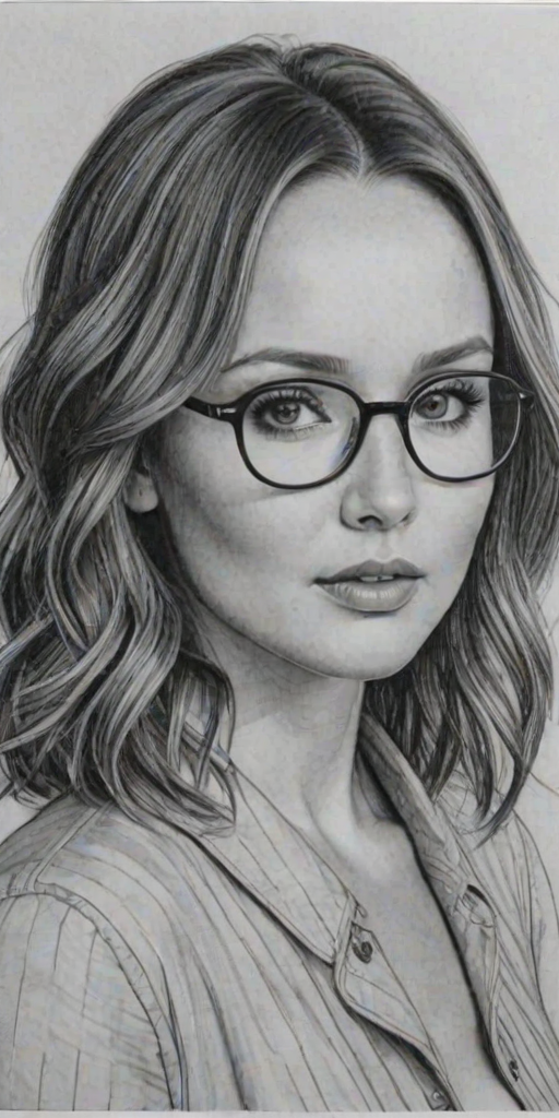 Appealing Camilla Luddington, pencil sketch, portrait of Wonderful woman 1929s in glasses, hair style beatnik, outline, clear lines, fine lines, 8k