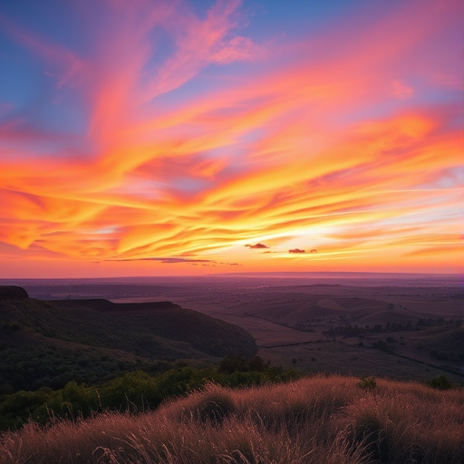 Generate a high-resolution image of a serene landscape at sunset, with vibrant colors in the sky, using a Canon EOS R5, 50mm lens, aperture f/1.8, ISO 100, shutter speed 1/200 sec, in a wide-angle view to capture the expanse of the scene.