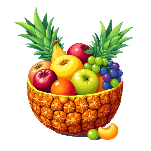 Create a vibrant illustration of a pineapple bowl filled with assorted fruits like apples, grapes, and oranges, using a high-resolution digital illustration style with a 50mm lens for a clear focus, vibrant colors, and high contrast to enhance the details of the fruits and the texture of the pineapple.