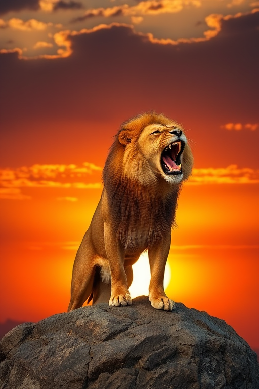 A majestic lion roaring atop a rocky outcrop with a vivid sunset in the background, captured with a Canon EOS R5, 85mm f/1.2 lens, ISO 100, f/11, 1/200s, in dramatic golden hour lighting for enhanced contrast and detail.