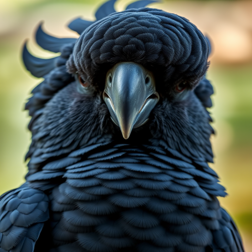 a close-up photograph of a black cockatoo with a detailed, textured feather pattern, captured in natural light, using a Canon EOS R5 with a 100mm f/2.8 macro lens, aperture set to f/4, ISO 200, shutter speed 1/250s, soft focus background for depth, ensuring sharp focus on the bird's face and intricate feathers.