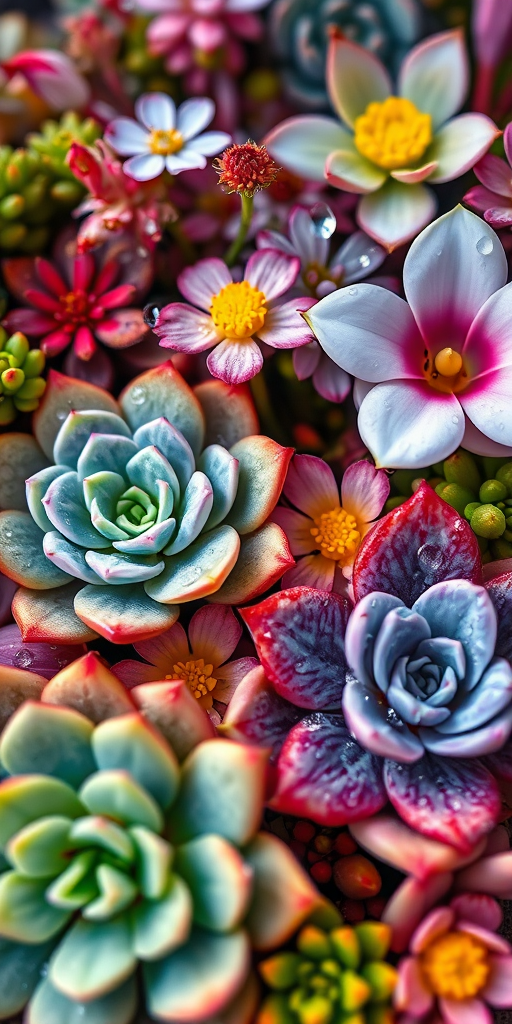Create a highly detailed and vibrant illustration of assorted succulents and flowers with water droplets, using a 50mm lens, f/2.8 aperture, in soft natural light, captured in macro style photography.