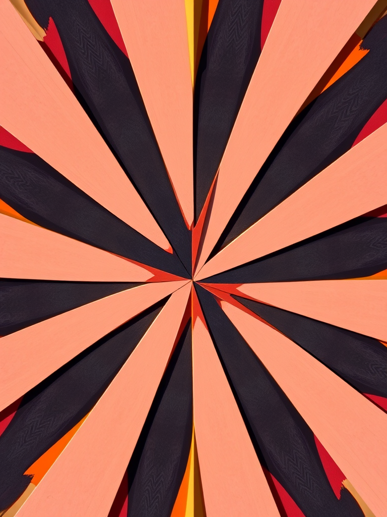 Generate a high-resolution image of an abstract geometric pattern with bold colors and sharp lines using a DSLR camera at f/8 aperture, ISO 100, 50mm focal length, shot from a top-down view with natural lighting for enhanced detail and contrast.