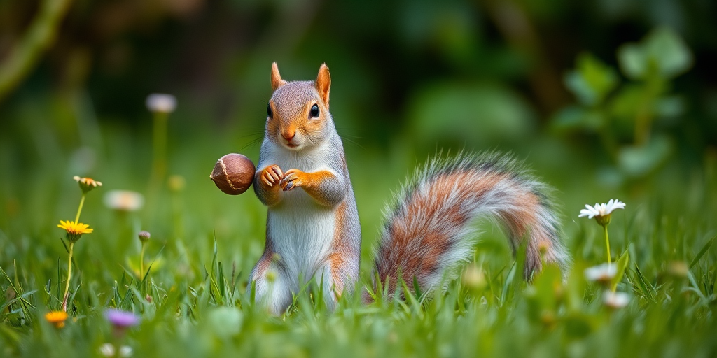 Generate an image of a cute squirrel with gray and brown fur standing on its hind legs in a grassy field, holding a nut, surrounded by green foliage and flowers.