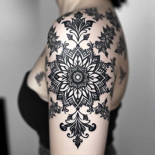Ornamental blackwork tattoo named "Lace Elegance" showcasing intricate patterns and motifs inspired by delicate lace designs creating a feminine and sophisticated look with bold black ink
