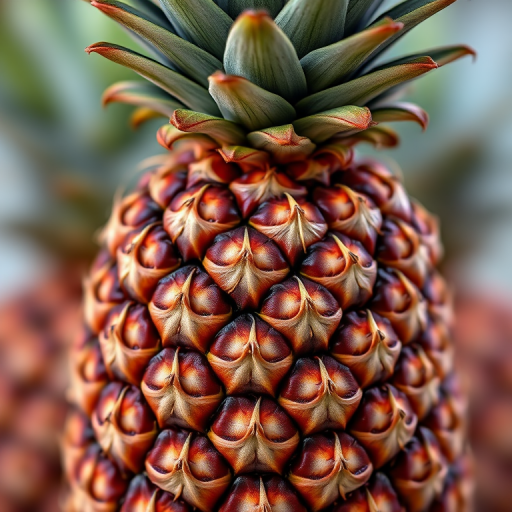 Create a highly detailed and realistic image of a pineapple with vibrant colors and textured skin, captured with a Canon EOS R5, 50mm f/1.8 lens, aperture f/2.8, ISO 100, in natural soft lighting, front view, high definition.