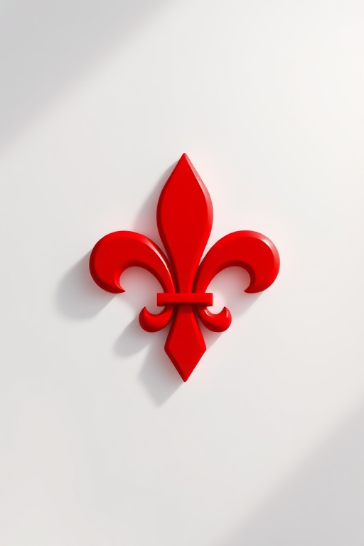 Create a high-resolution image of a red fleur-de-lis emblem on a transparent background with soft shadows, using a DSLR camera, 50mm lens, aperture set to f/2.8, ISO 100, and a slight vignette effect.
