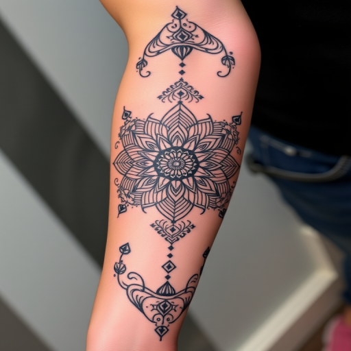 Intricate blackwork tattoo covering the entire arm, showcasing a detailed geometric mandala design with intricate patterns and symmetrical shapes, incorporating dotwork shading for added depth and dimension