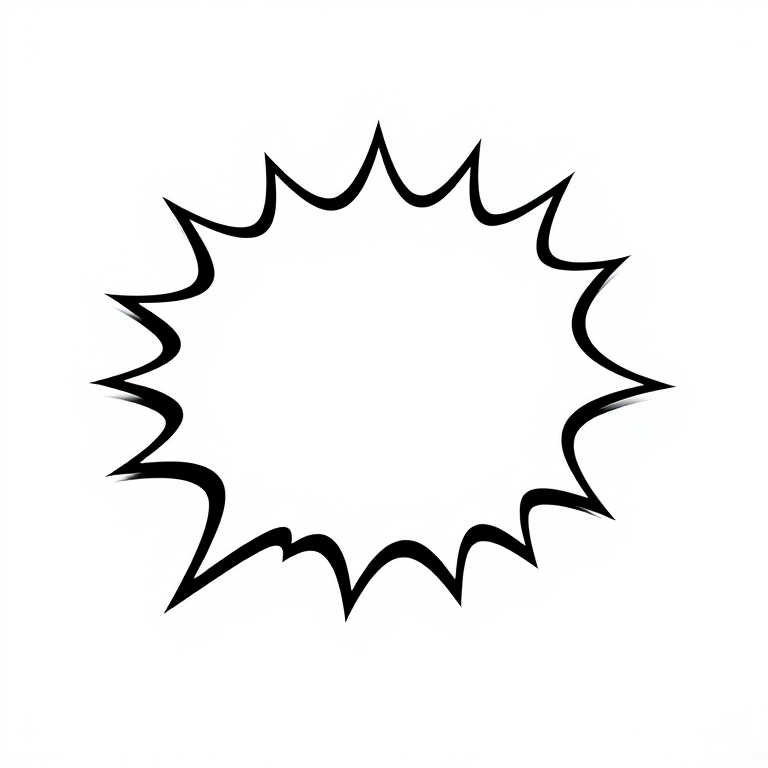 Create a sharp and vibrant comic-style speech bubble with a starburst shape, captured using a DSLR camera at f/8 aperture, ISO 100, 50mm lens, focus on the outline, in high resolution, with a clean white background.