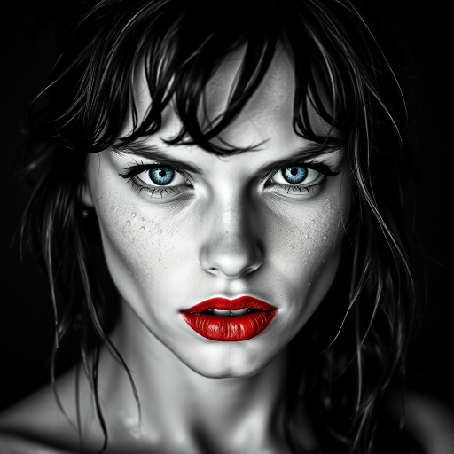 a striking portrait in the style of black-and-white photography, dramatic high-contrast lighting eloquently tracing the intricate details of hand-drawn pen strokes, a beautiful Nordic woman tousled hair and shining, focus on blue eyes and red lips, radiating with intensity portrait that highlights her dark , wet, . The monochromatic statement features her pale skin colored by tiny beads of sweat and water droplets, showcasing a hyper-detailed composition that focuses entirely on her unforgettable face. The stylized composition basks in atmosphere and mystery, created by the powerful, piercing gaze of the water-driven Nordic woman as she commands an intense and mesmerizing aura within the limited frame. Composed to evoke a sense of nostalgic wonder, this portrait perfectly captures the essence of a bygone era.