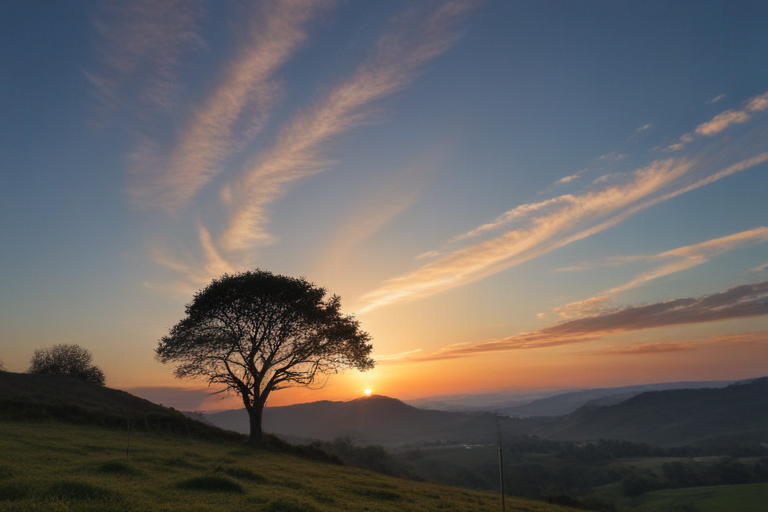 Serene Sunset Over Rolling Hills with a Lone Tree Silhouette