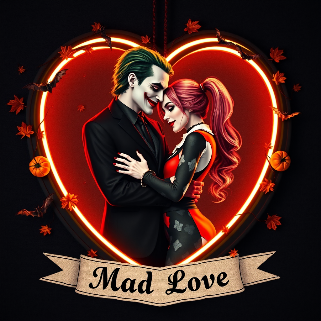 The Joker, neat, wearing a black suit and a beautiful Harley Quinn with long hair, both romantic, hugging and cuddling in the middle of a neon linen black heart frame decorated with dead leaves, bats, and small pumpkins, with a label at the bottom that reads 'Mad Love' made of linen, in a photo realistic style.