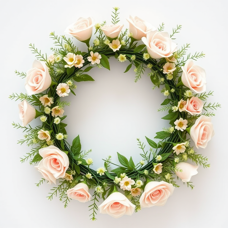 Create a floral wreath design featuring soft pastel flowers and greenery, with a circular arrangement, shot with a Canon EOS R5, 50mm lens, f/2.8 aperture, natural lighting, top-down view for enhanced detail and clarity.