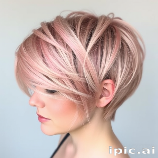 Soft rose gold pixie cut with textured layers and subtle glitter accents, creating a whimsical and feminine appearance named Pixie Dust Blush