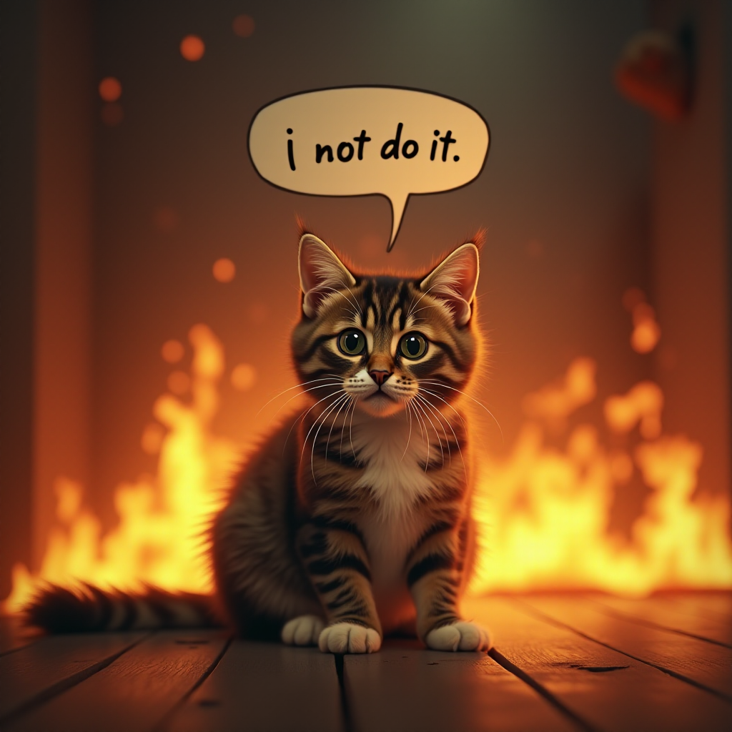 Photorealistic image of an innocent-looking cat sitting calmly in the middle of a burning room. Flames engulf the room, with fire licking up the walls and smoke filling the air. The cat is sitting on the floor, looking directly at the viewer with wide, innocent eyes. Above the cat, a speech bubble says "I did not do it" The contrast between the cat's calm demeanor and the chaos around it creates a humorous and surreal scene.