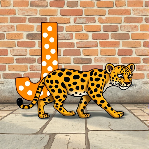 Create a vibrant illustration of the letter J with polka dots in orange, alongside a cartoon-style leopard with distinctive spots walking on a textured stone floor in front of a rustic brick wall, using a DSLR camera with a 50mm lens at f/2.8, ISO 100, and a low-angle shot for depth.