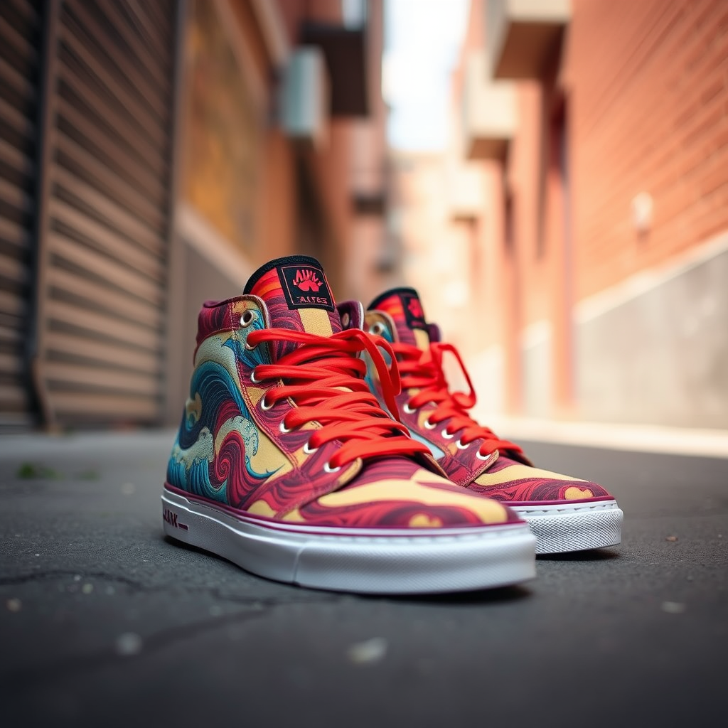 capture a pair of uniquely designed high-top sneakers featuring vibrant wave patterns in an urban alley setting with natural lighting, ISO 200, f/2.8, 1/250 sec, 24mm lens, DSLR, shallow depth of field to emphasize the shoes and blur the background
