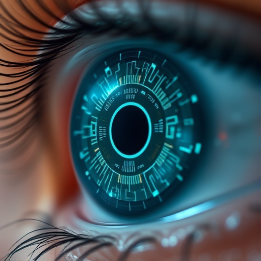macro shot of a close-up eye with a futuristic digital iris design featuring circuits and glowing elements, soft focus background, f/2.8 aperture, 100mm lens, ISO 100, natural lighting, DSLR camera
