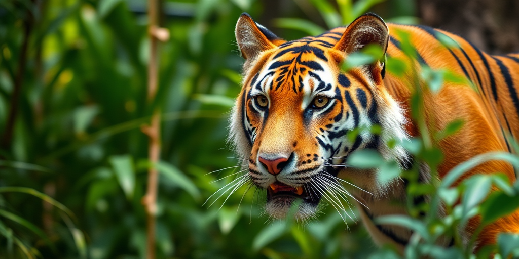 tiger in a lush jungle setting, natural light, shallow depth of field, 50mm lens, f/2.8 aperture, ISO 200, 1/200s shutter speed, DSLR camera, focus on the tiger's face with greenery in the background