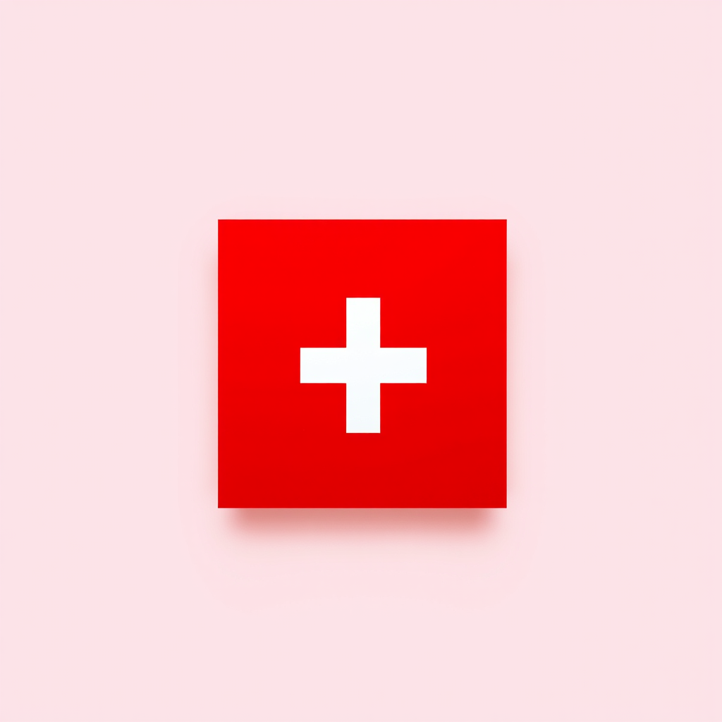 Create a high-resolution image of a red square with a white cross in the center, using a DSLR camera, 50mm lens, f/2.8 aperture, 1/200 shutter speed, and ISO 100, with a clean, minimalistic style and soft lighting.
