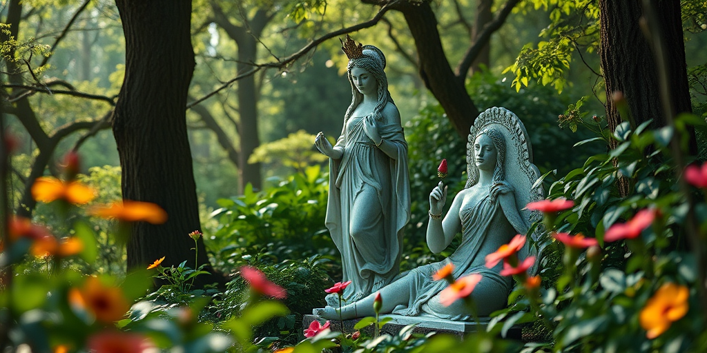 Create an ethereal forest scene featuring a serene goddess statue surrounded by lush greenery and vibrant flowers, captured in soft, diffused natural light with a Canon EOS R5, 50mm lens, f/1.8 aperture, ISO 100, using a shallow depth of field to enhance the mystical atmosphere.