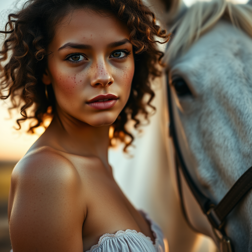 Generate an image of a young woman with curly hair and freckles standing close to a white horse, captured in soft golden hour light with a shallow depth of field, using a DSLR camera, 85mm lens, f/1.8 aperture, ISO 200, and a low-angle view to emphasize the texture of her skin and the horse's fur.