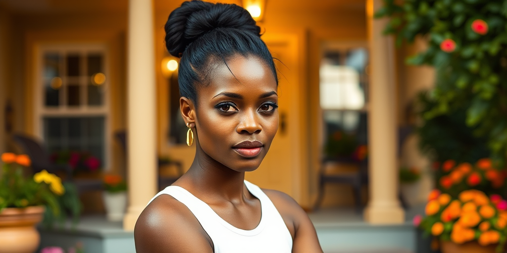 A photo of Lupita Nyong'o with a background of a cozy porch. She has dark hair pulled back in an updo, with tendrils framing her face. She wears a white tank top and sits on the porch. The porch is part of a well-lit home with a warm, earthy tone and colorful flowers and foliage. The overall scene has a warm, welcoming, and comfortable ambiance.