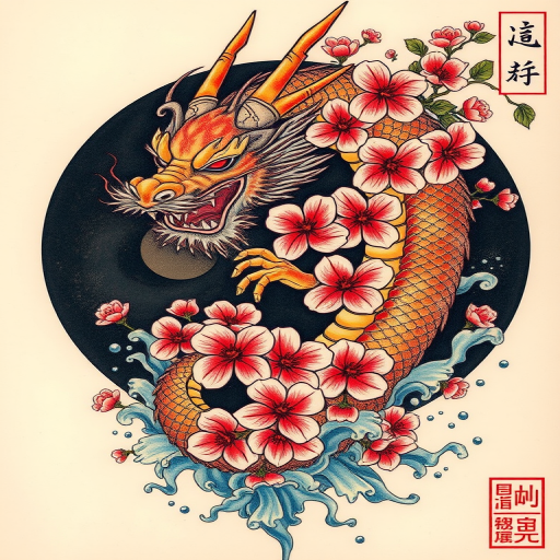 Japanese-inspired irezumi tattoo depicting a fierce dragon wrapped around cherry blossoms, featuring vibrant colors and flowing water elements, known as "Dragon's Embrace"