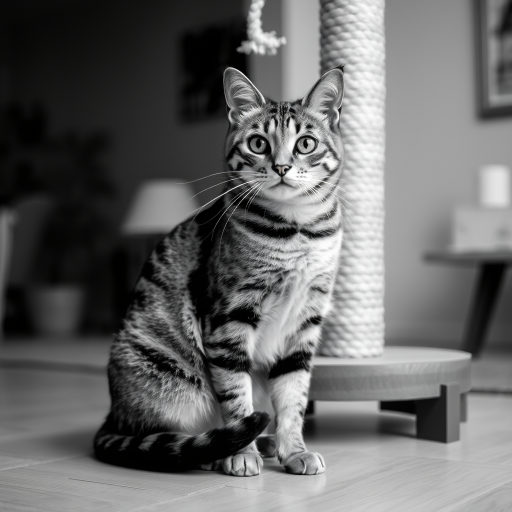 a black and white image of a tabby cat sitting on a wooden surface with a rope scratching post in the background and a blurred interior setting