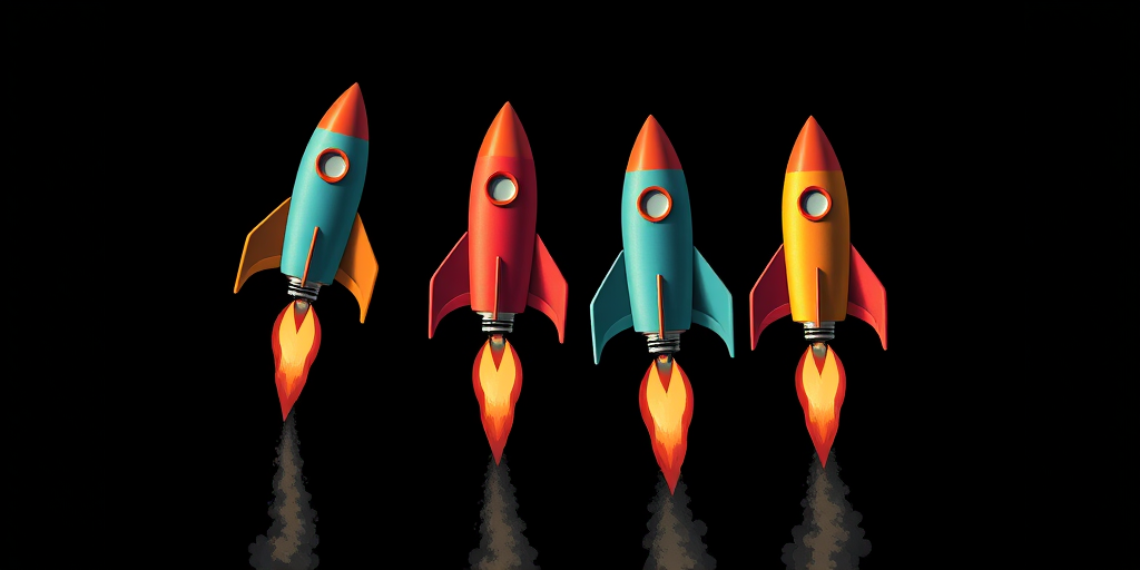 Create a digital illustration of four colorful vintage rockets soaring through space against a black background, with detailed flames trailing behind, using a Canon EOS R5, 50mm lens, f/1.8, ISO 100, shot from a low angle to emphasize the rockets' ascent and enhance image clarity.