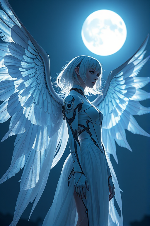 Create a high-resolution image of a futuristic angelic figure with silver hair and mechanical wings, standing against a night sky with a full moon, using a Canon EOS R5 camera, 50mm lens, f/1.8 aperture, ISO 100, 1/200s shutter speed, with soft lighting and a slight bokeh effect for a dreamy atmosphere.