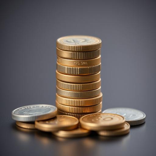 Create a high-resolution image of a stack of coins, using a 50mm lens, f/1.8 aperture, ISO 100, center composition, shot with a digital SLR camera, in bright lighting to enhance details and contrasts.