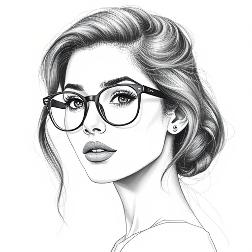 hot mia khalifa, pencil sketch, portrait of beautiful woman 60s in glasses, hair style beatnik, outline, clear lines, fine lines, 8k