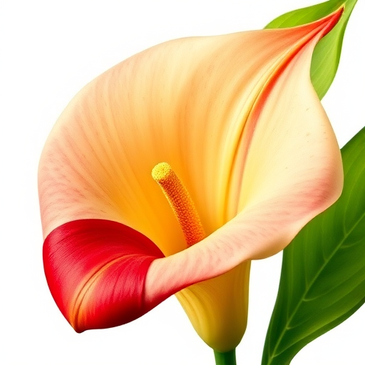 Create a highly detailed botanical illustration of a calla lily with vibrant colors and intricate leaf patterns, use a macro lens, f-stop 2.8 for a shallow depth of field, 50mm lens, natural lighting, and a white backdrop to enhance image quality.