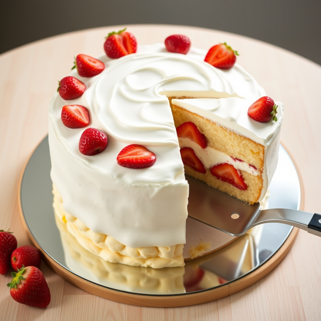 Create an image of a classic strawberry shortcake. The cake should be round and consist of two layers of light, fluffy vanilla sponge. Between the layers, there's a generous spread of whipped cream and whole strawberries. The top of the cake is covered with a smooth layer of whipped cream and decorated with whole strawberries arranged evenly around the edge. One slice is cut out and placed on a cake lifter, showcasing the layers and filling. The cake is set on a round, reflective cake board on a light wooden table, with a soft-focus background.