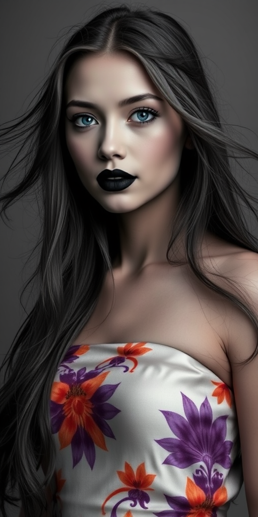Photographic image of a beautiful young Native American woman, blue eyes, lips with black lipstick, long hair fluttering in the wind and wearing a silk strapless dress with a soft purple and orange print. monochrome image with only color highlights in the iris of the eyes, lipstick and dress. Gray background.