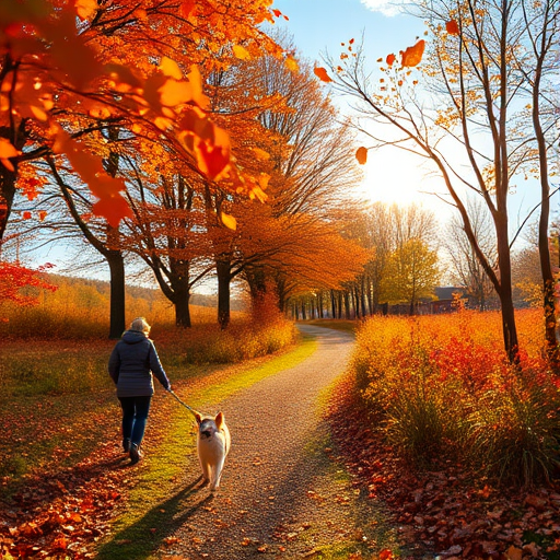 Colorful autumn landscape, with leaves falling gently from trees, a woman walking her dog along a leaf-strewn path, and the sun shining warmly through the branches.