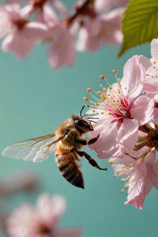 Sharp, high-resolution close-up of a bee hovering over a blooming cherry blossom, soft pink petals contrasting with the vibrant green leaves in the background.
