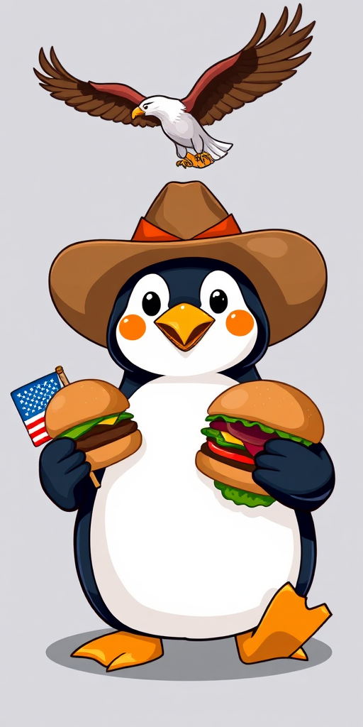 Illustrate a cartoon penguin holding a burger and a U.S. flag, wearing a cowboy hat, with an eagle flying above, using a DSLR camera at 50mm, f/2.8 aperture, ISO 100, soft natural lighting, and vibrant colors for enhanced clarity.
