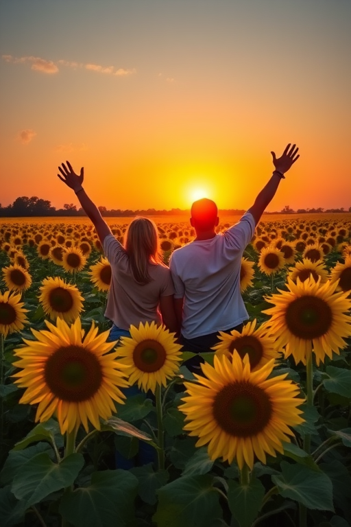 sunflower field at sunset with two people raising their arms, vibrant colors, wide-angle lens, f/8 aperture, ISO 200, 1/250 sec shutter speed, golden hour lighting, DSLR camera, landscape orientation