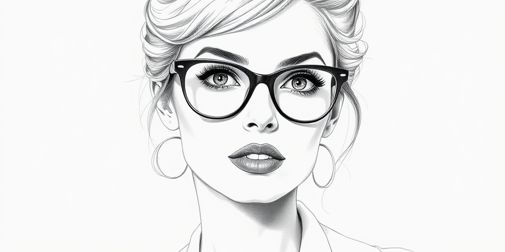 Beautiful Lauren Bacall, pencil sketch, portrait of beautiful woman 60s in glasses, hair style beatnik, outline, clear lines, fine lines, 8k