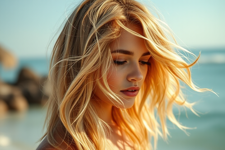 Sun-kissed golden blonde hair styled in tousled beach waves with subtle hints of honey and caramel, exuding effortless California cool vibes known as Solar Surfer