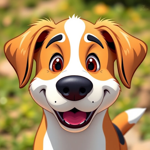 Generate a high-resolution cartoon dog image with vibrant colors, focused on the dog's friendly expression, using a DSLR camera with a 50mm lens, f/2.8 aperture, ISO 100, and natural lighting to enhance details and contrast.