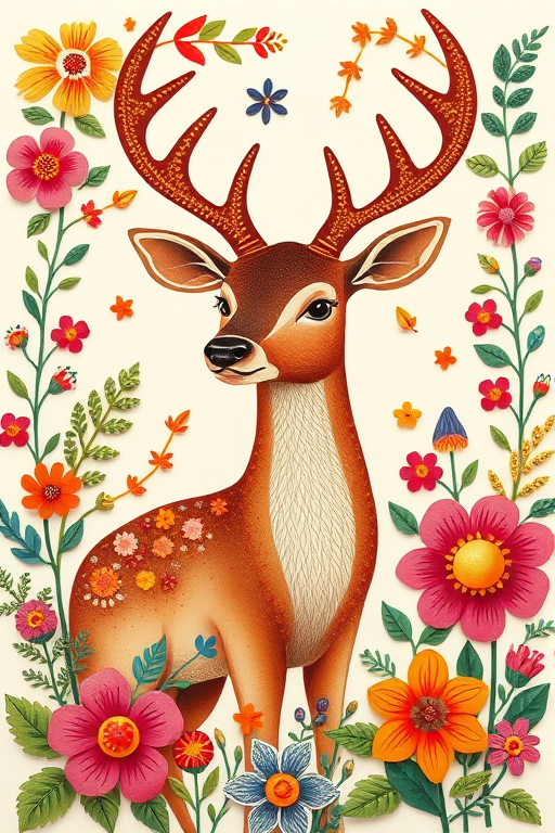 Create a vibrant illustration of a decorative deer surrounded by colorful flowers and leaves in a folk art style, using a DSLR camera with a 50mm lens, f/1.8 aperture, ISO 100, and natural lighting for enhanced details and rich colors.