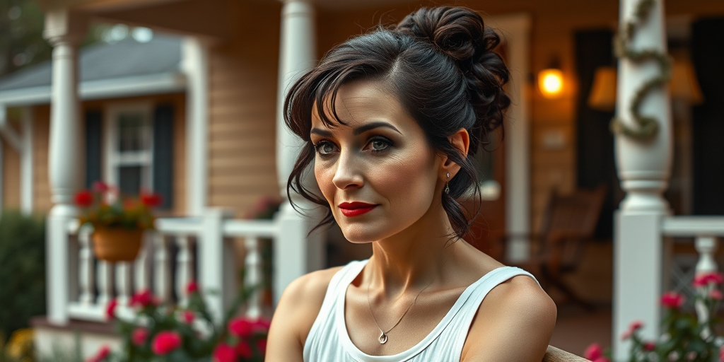 A photo of Greta Garbo with a background of a cozy porch. She has dark hair pulled back in an updo, with tendrils framing her face. She wears a white tank top and sits on the porch. The porch is part of a well-lit home with a warm, earthy tone and colorful flowers and foliage. The overall scene has a warm, welcoming, and comfortable ambiance.