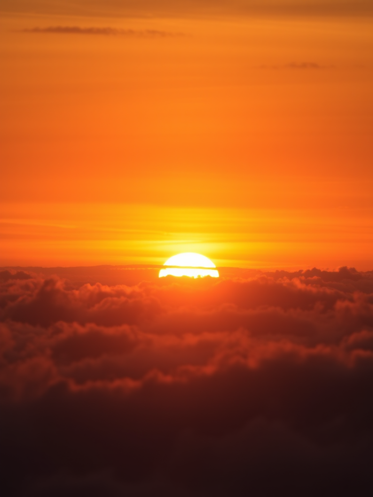 sunset over clouds with sun peeking through, warm tones, soft focus, ISO 100, f/11, 1/200s, taken with a DSLR, wide angle lens, golden hour lighting