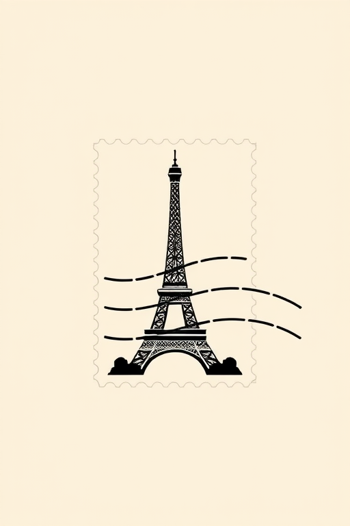 Create a minimalist black and white illustration of a postal stamp featuring the Eiffel Tower, include five wavy lines to represent motion, set in a clean, high-contrast style, captured using a Canon EOS R5 with an aperture of f/2.8, shutter speed of 1/250s, ISO 100, at a focal length of 50mm.