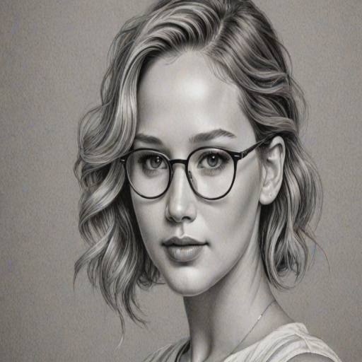 Enticing Jennifer Lawrence, pencil sketch, portrait of Enchanting woman 1943s in glasses, hair style beatnik, outline, clear lines, fine lines, 8k