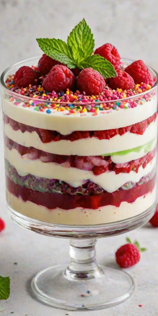 Create an image of a layered dessert featuring a jelly base with raspberry pieces, topped with a smooth layer of cream and garnished with colorful sprinkles and fresh mint leaves. The dessert should be presented on a clear glass plate, showcasing its vibrant colors and textures.